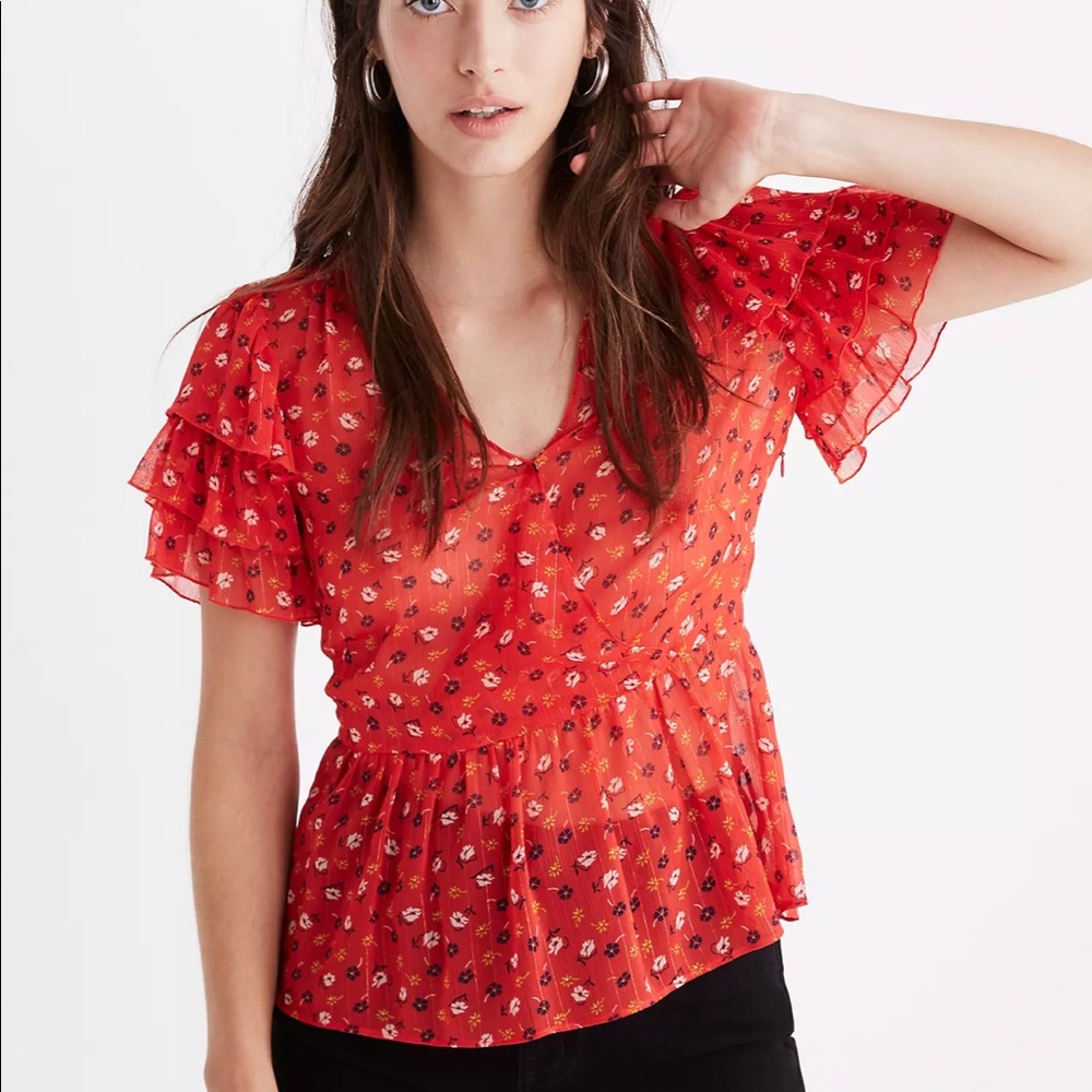 MADEWELL Tiered-Sleeve Peplum Top in Metallic Prairie Posies